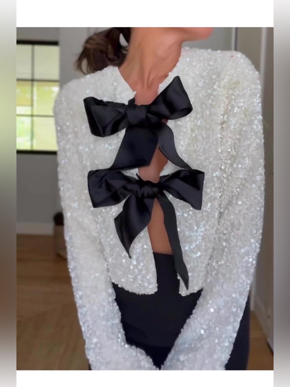 Sequined Bomber Jacket with Black Satin Bows